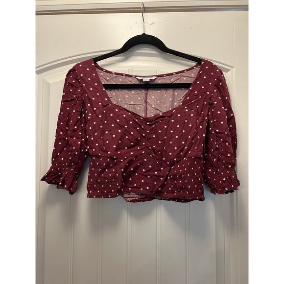 American Eagle Women’s Polka-Dot Print Ruffle Sleeve Blouse Cropped Top Sz S Red - Picture 1 of 3